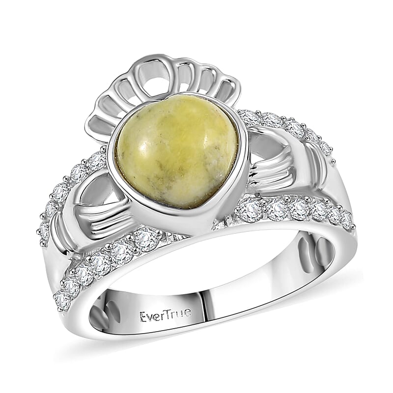 EverTrue Connemara Marble and White Zircon 2.80 ctw Heart of Ireland Claddagh Ring in Platinum Bond (Size 10.0)
