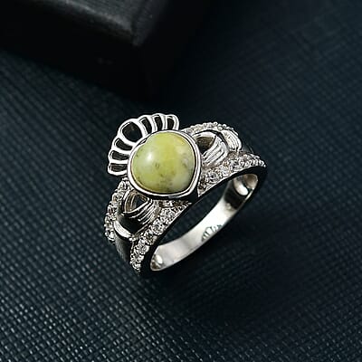 EverTrue Connemara Marble and White Zircon 2.80 ctw Heart of Ireland Claddagh Ring in Platinum Bond (Size 10.0)