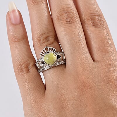 EverTrue Connemara Marble and White Zircon 2.80 ctw Heart of Ireland Claddagh Ring in Platinum Bond (Size 10.0)