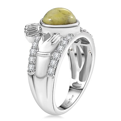 EverTrue Connemara Marble and White Zircon 2.80 ctw Heart of Ireland Claddagh Ring in Platinum Bond (Size 10.0)