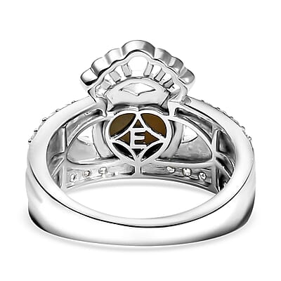 EverTrue Connemara Marble and White Zircon 2.80 ctw Heart of Ireland Claddagh Ring in Platinum Bond (Size 10.0)