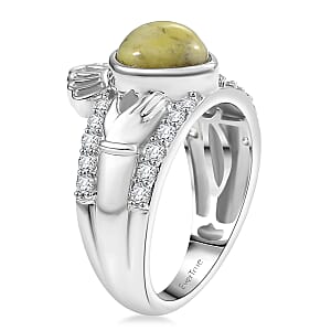 EverTrue Connemara Marble and White Zircon 2.80 ctw Heart of Ireland Claddagh Ring in Platinum Bond (Size 6.0)