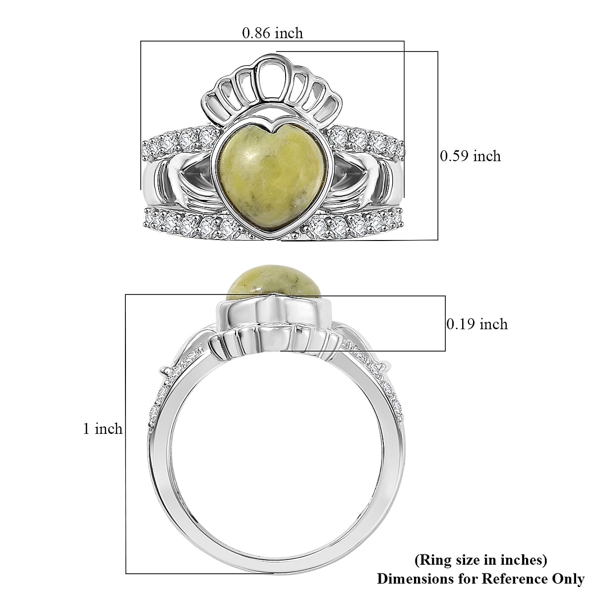 EverTrue Connemara Marble and White Zircon 2.80 ctw Heart of Ireland Claddagh Ring in Platinum Bond (Size 8.0) image number 5