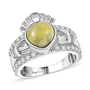 EverTrue Connemara Marble and White Zircon 2.80 ctw Heart of Ireland Claddagh Ring in Platinum Bond (Size 9.0)