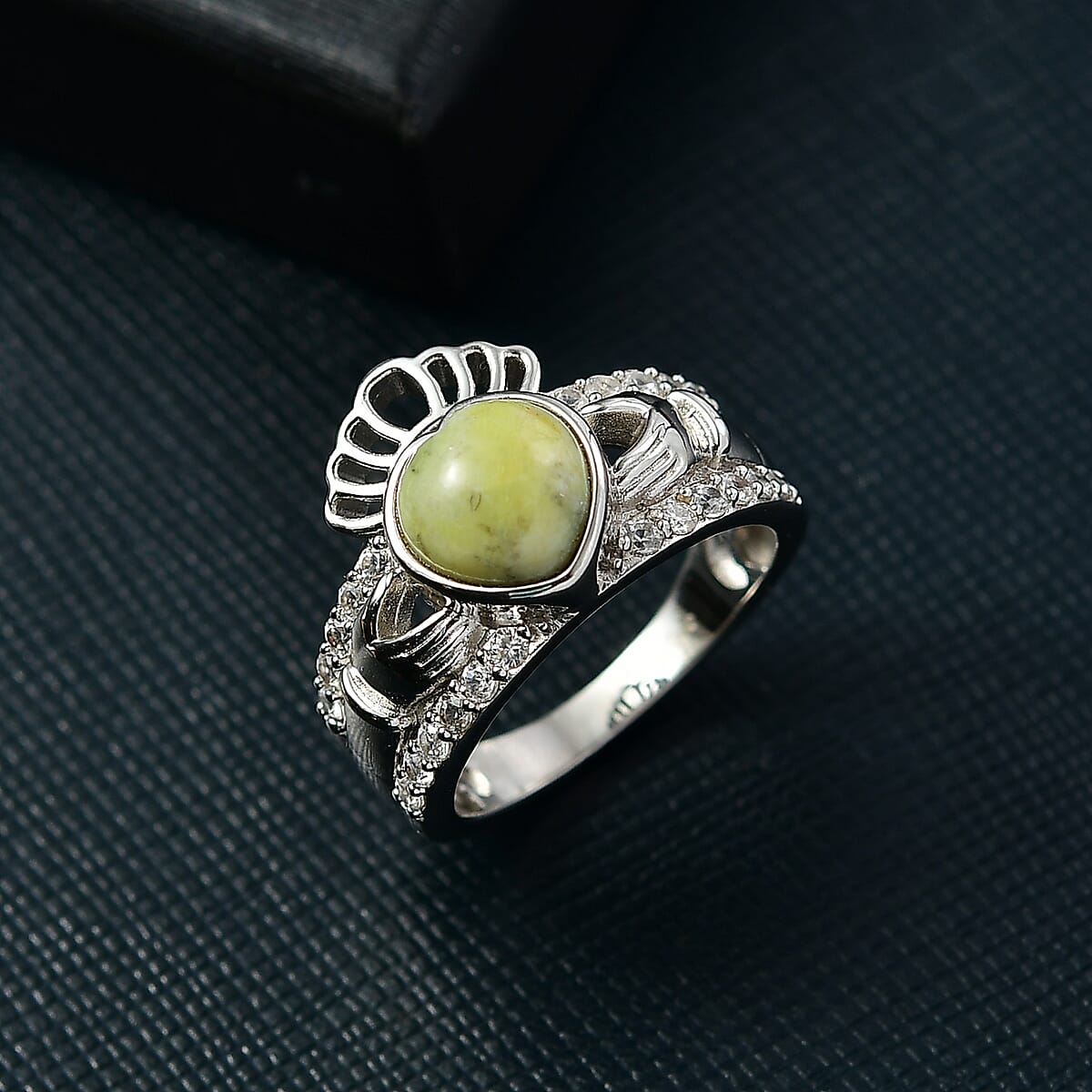 EverTrue Connemara Marble and White Zircon 2.80 ctw Heart of Ireland Claddagh Ring in Platinum Bond (Size 9.0) image number 1