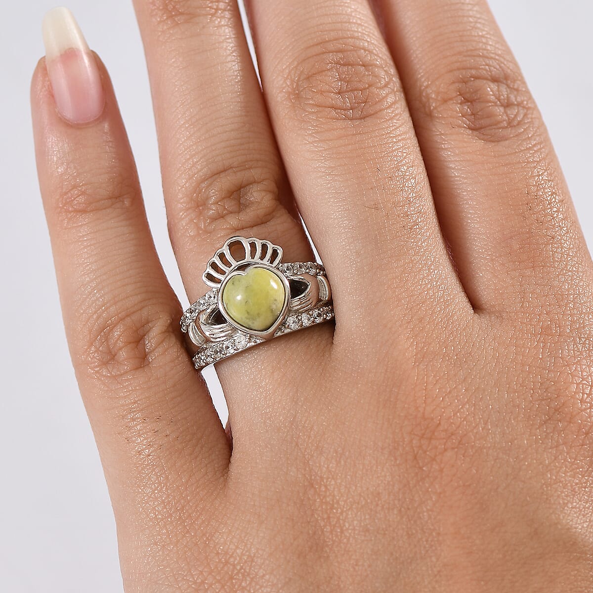 EverTrue Connemara Marble and White Zircon 2.80 ctw Heart of Ireland Claddagh Ring in Platinum Bond (Size 9.0) image number 2