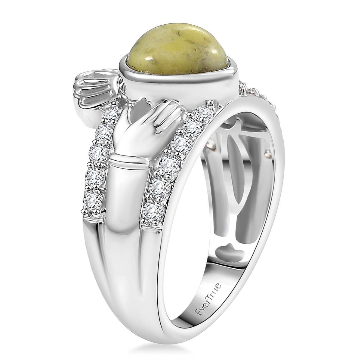 EverTrue Connemara Marble and White Zircon 2.80 ctw Heart of Ireland Claddagh Ring in Platinum Bond (Size 9.0) image number 3