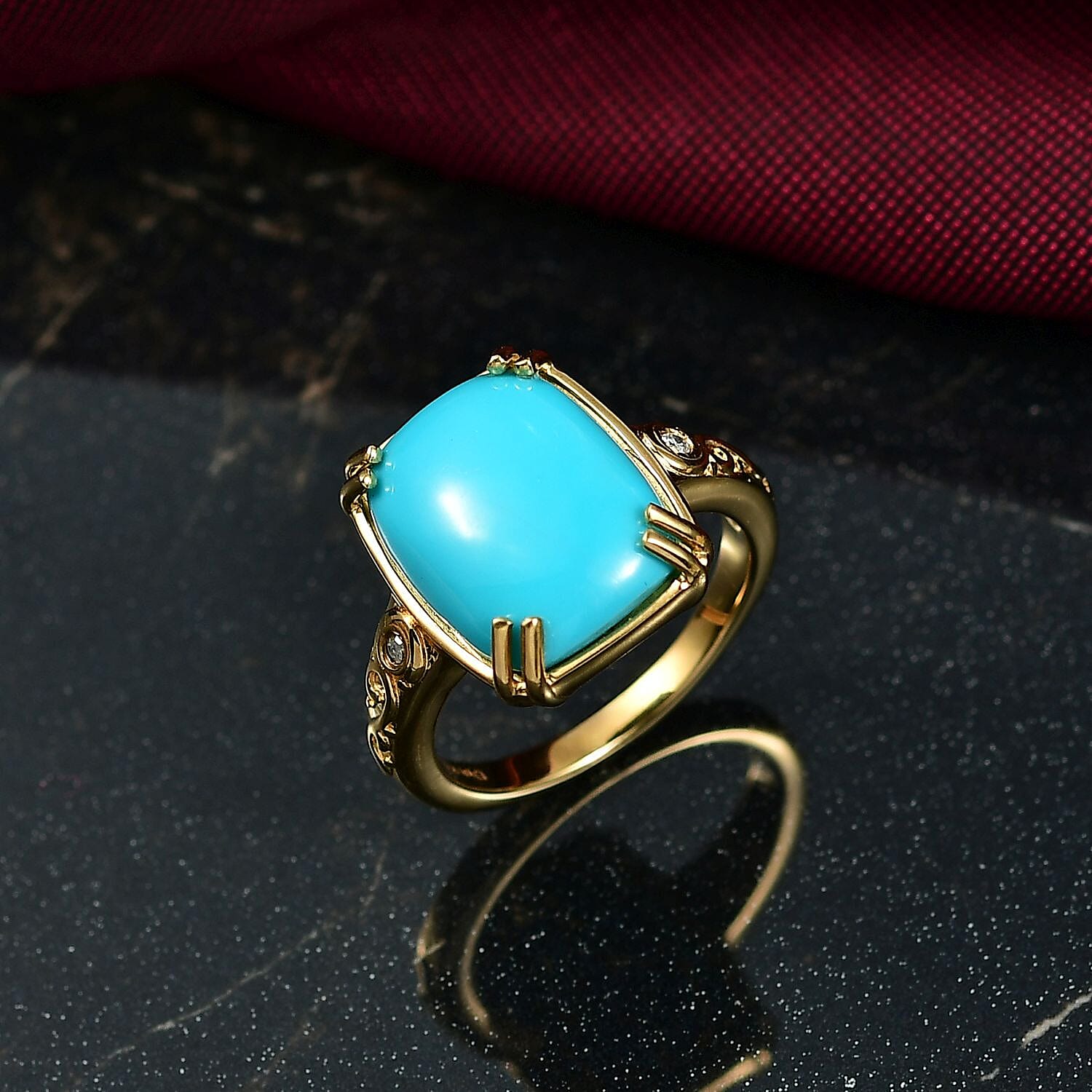 D'Joy Sleeping Beauty Turquoise and White Diamond 6.99 ctw Ring in 18K Vermeil Yellow Gold Over Sterling Silver (Size 9.0)