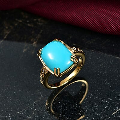 D'Joy Sleeping Beauty Turquoise and White Diamond 6.99 ctw Ring in 18K Vermeil Yellow Gold Over Sterling Silver (Size 9.0)
