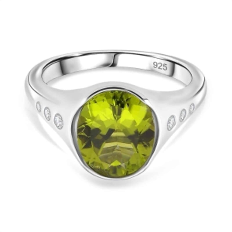 D'Joy Peridot and Moisaanite 3.66 ctw Ring in Rhodium Over Sterling Silver (Size 6.5)