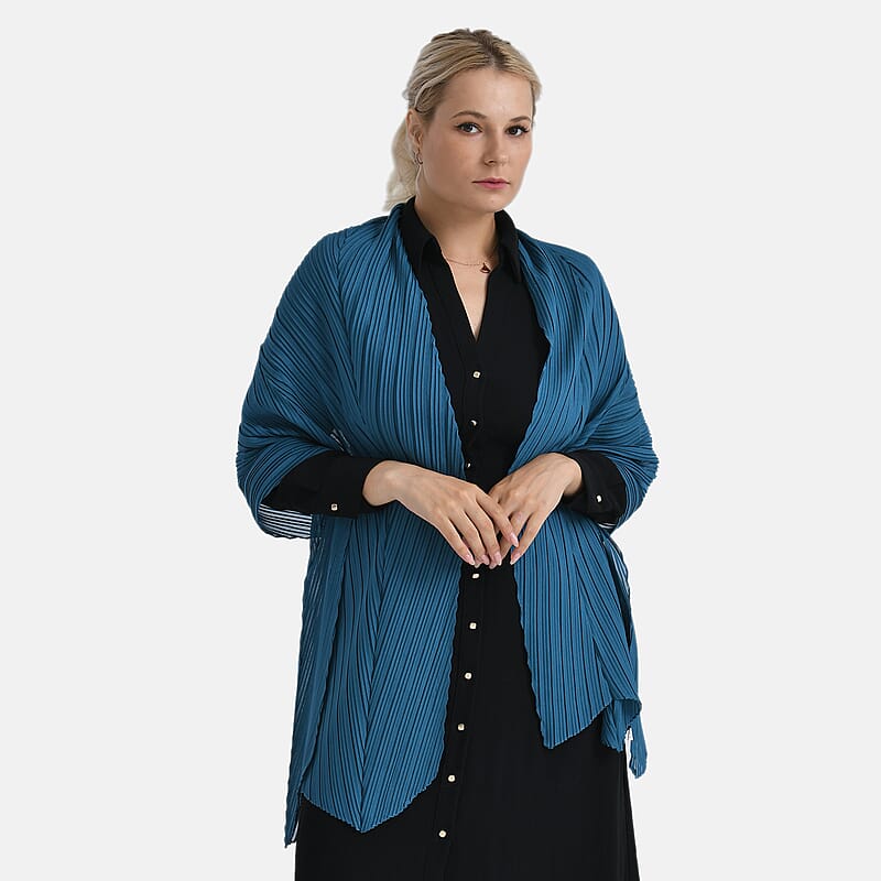 Tamsy Blue Terahertz 75ctw Pleated Polyester Scarf