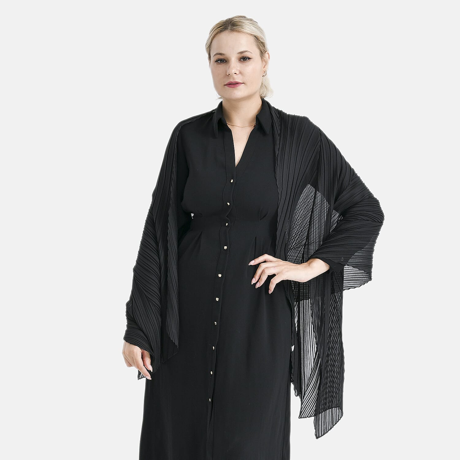 Tamsy Black Terahertz 75ctw Pleated Polyester Scarf
