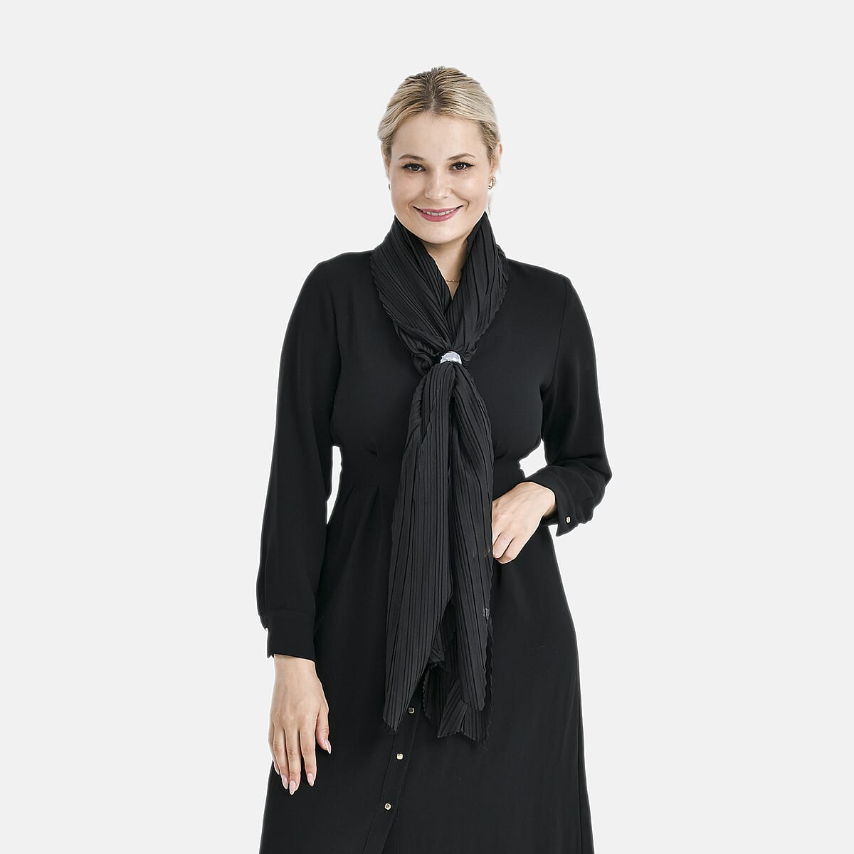 Tamsy Black Terahertz 75ctw Pleated Polyester Scarf image number 2