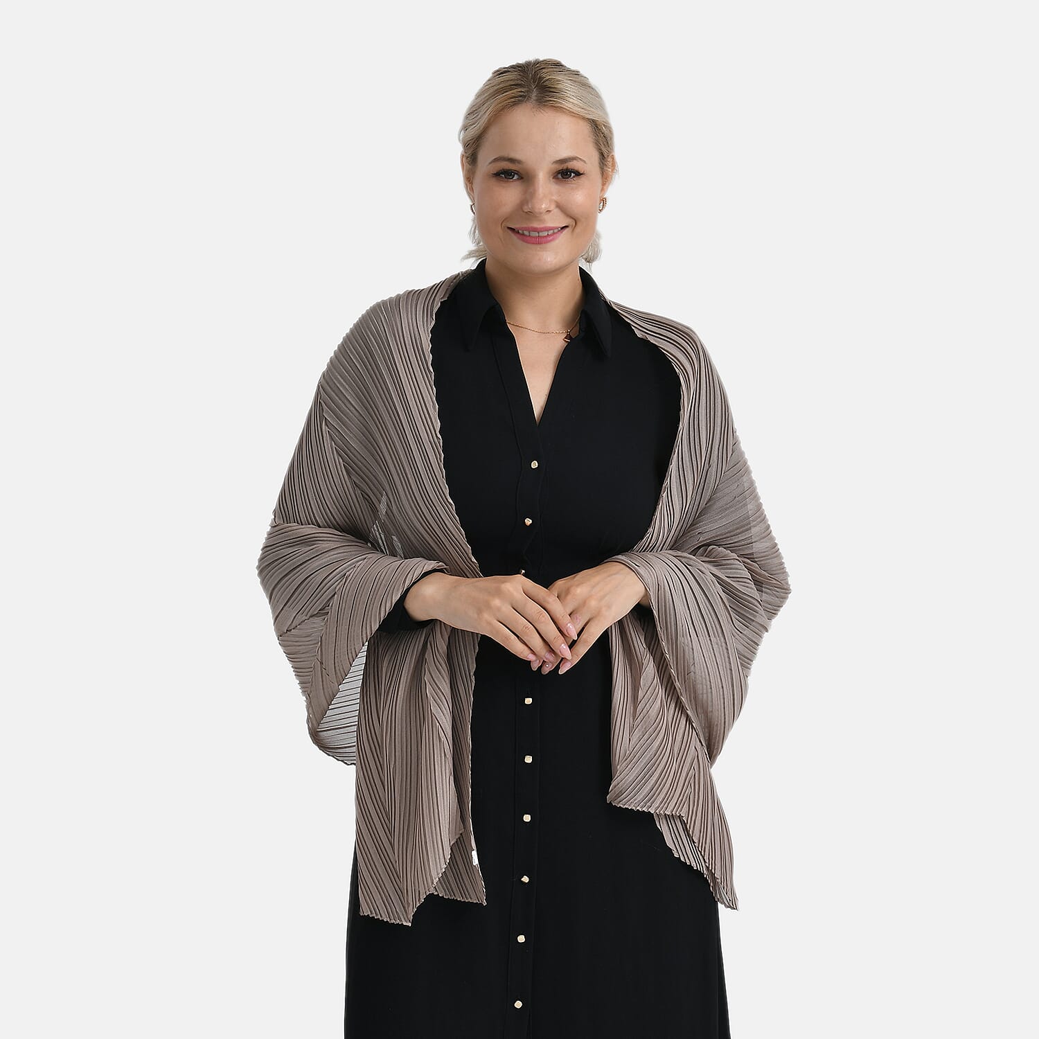 Tamsy Beige Terahertz 75ctw Pleated Polyester Scarf