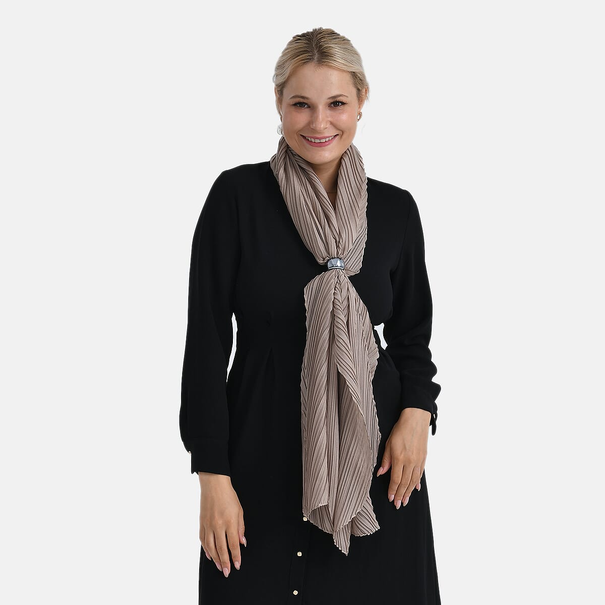 Tamsy Beige Terahertz 75ctw Pleated Polyester Scarf image number 2