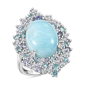 GP Capri Collection Larimar and Multi Gemstone 13.65 ctw Ring in Rhodium Over Sterling Silver (Size 10.0)