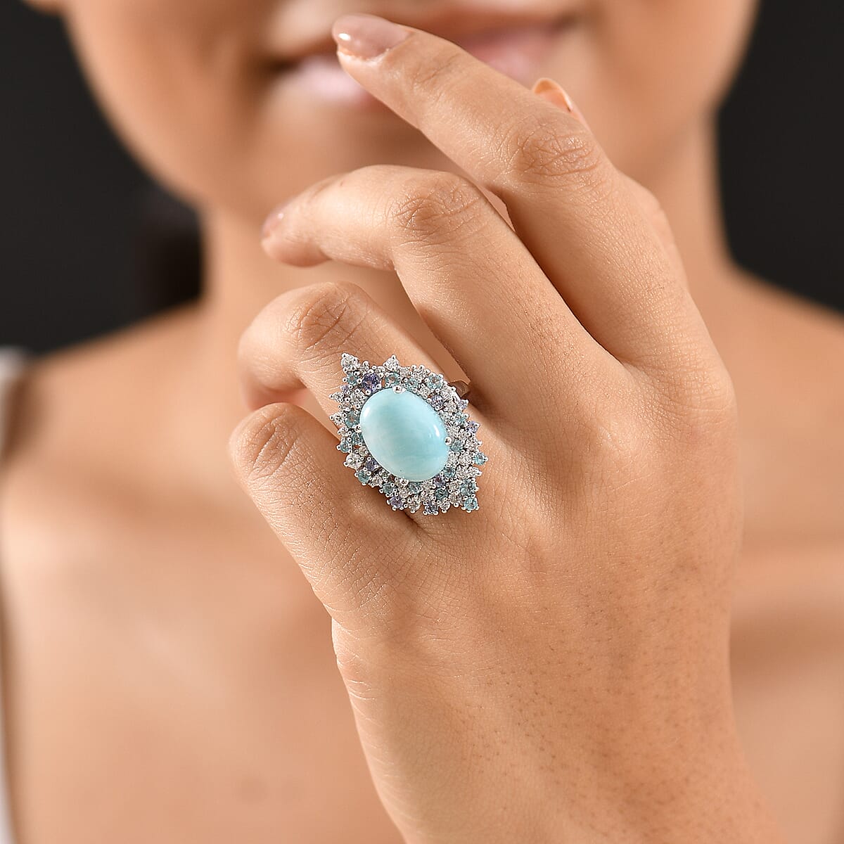 GP Capri Collection Larimar and Multi Gemstone 13.65 ctw Ring in Rhodium Over Sterling Silver (Size 10.0) image number 2