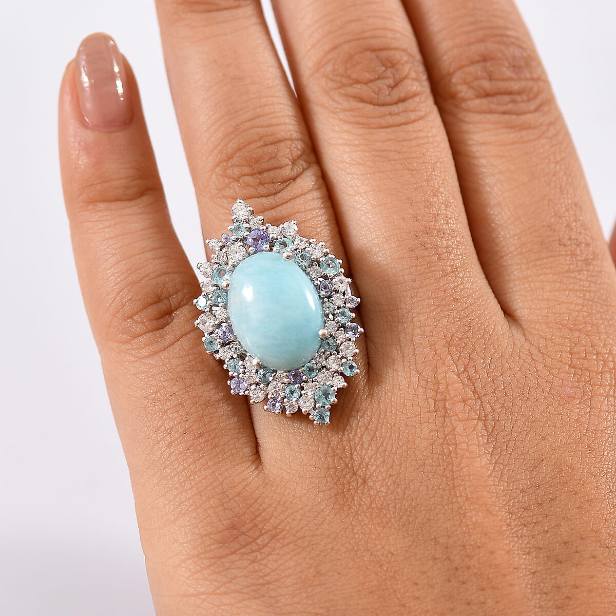 GP Capri Collection Larimar and Multi Gemstone 13.65 ctw Ring in Rhodium Over Sterling Silver (Size 10.0) image number 3