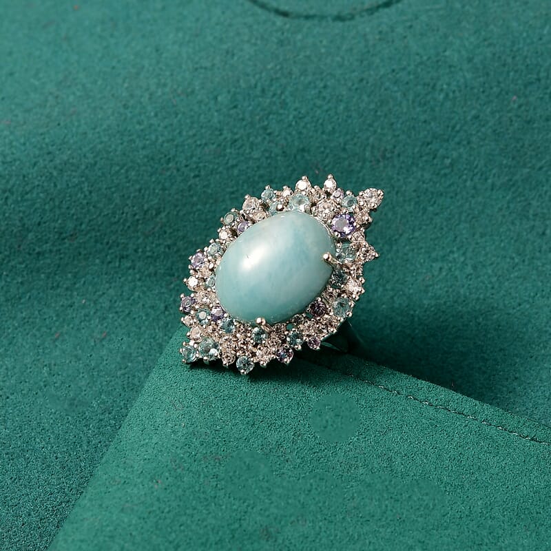 GP Capri Collection Larimar and Multi Gemstone 17.70 ctw Ring in Rhodium Over Sterling Silver (Size 7.0)