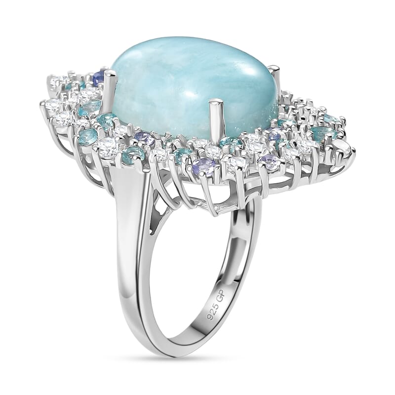 GP Capri Collection Larimar and Multi Gemstone 17.70 ctw Ring in Rhodium Over Sterling Silver (Size 7.0)