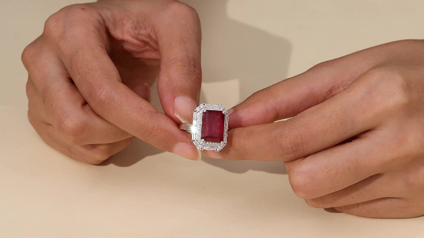 D'Joy Premium Niassa Ruby (FF) and Moissanite 12.75 ctw Ring in Rhodium Over Sterling Silver (Size 10.0)