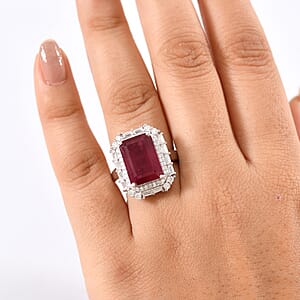 D'Joy Premium Niassa Ruby (FF) and Moissanite 12.75 ctw Art Deco Ring in Rhodium Over Sterling Silver (Size 10.0)