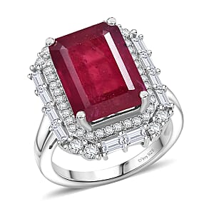 D'Joy Premium Niassa Ruby (FF) and Moissanite 12.75 ctw Art Deco Ring in Rhodium Over Sterling Silver (Size 6.0)