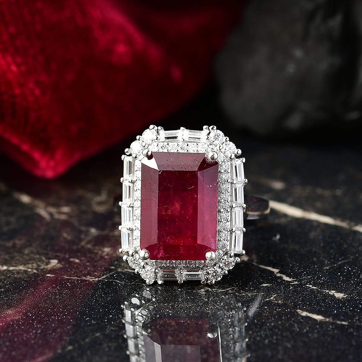 D'Joy Premium Niassa Ruby (FF) and Moissanite 12.75 ctw Art Deco Ring in Rhodium Over Sterling Silver (Size 6.0) image number 1