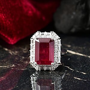 D'Joy Premium Niassa Ruby (FF) and Moissanite 12.75 ctw Art Deco Ring in Rhodium Over Sterling Silver (Size 6.0)