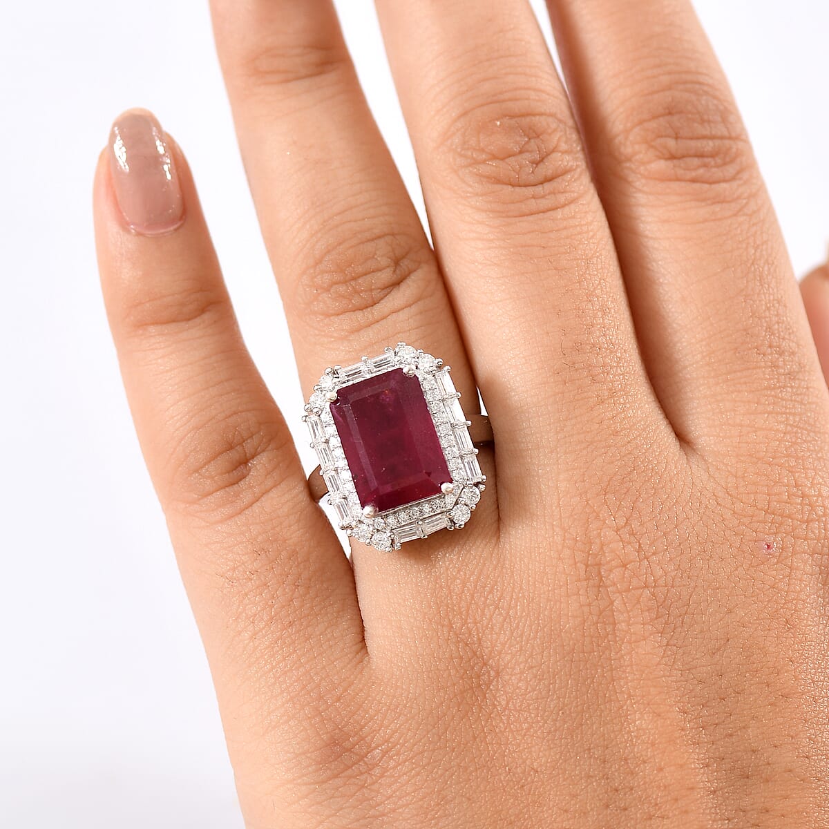D'Joy Premium Niassa Ruby (FF) and Moissanite 12.75 ctw Art Deco Ring in Rhodium Over Sterling Silver (Size 6.0) image number 2