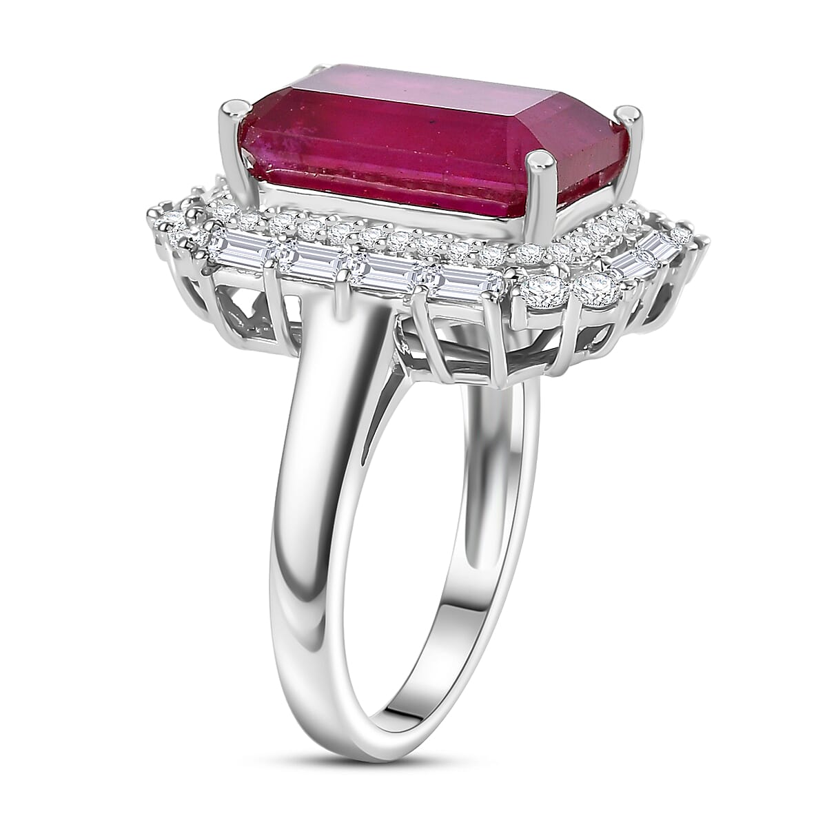 D'Joy Premium Niassa Ruby (FF) and Moissanite 12.75 ctw Art Deco Ring in Rhodium Over Sterling Silver (Size 6.0) image number 3