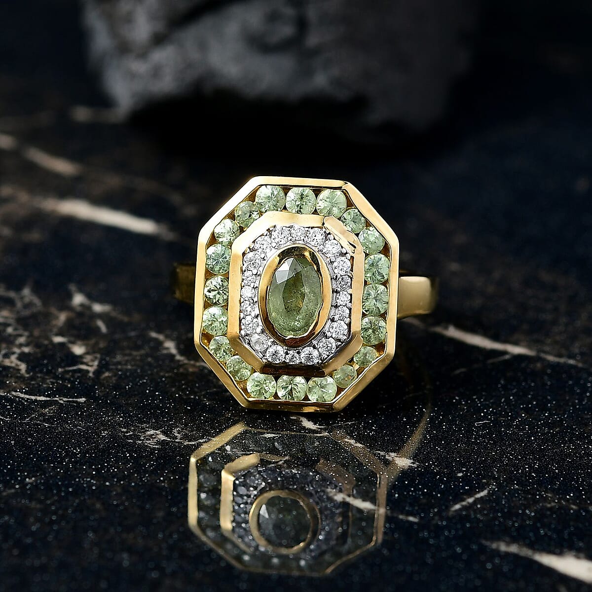 D'Joy Premium Ambanja Demantoid Garnet and Moissanite 1.85 ctw Forest Deco Orchard Ring in 18K Vermeil Yellow Gold Over Sterling Silver (Size 6.0) image number 1