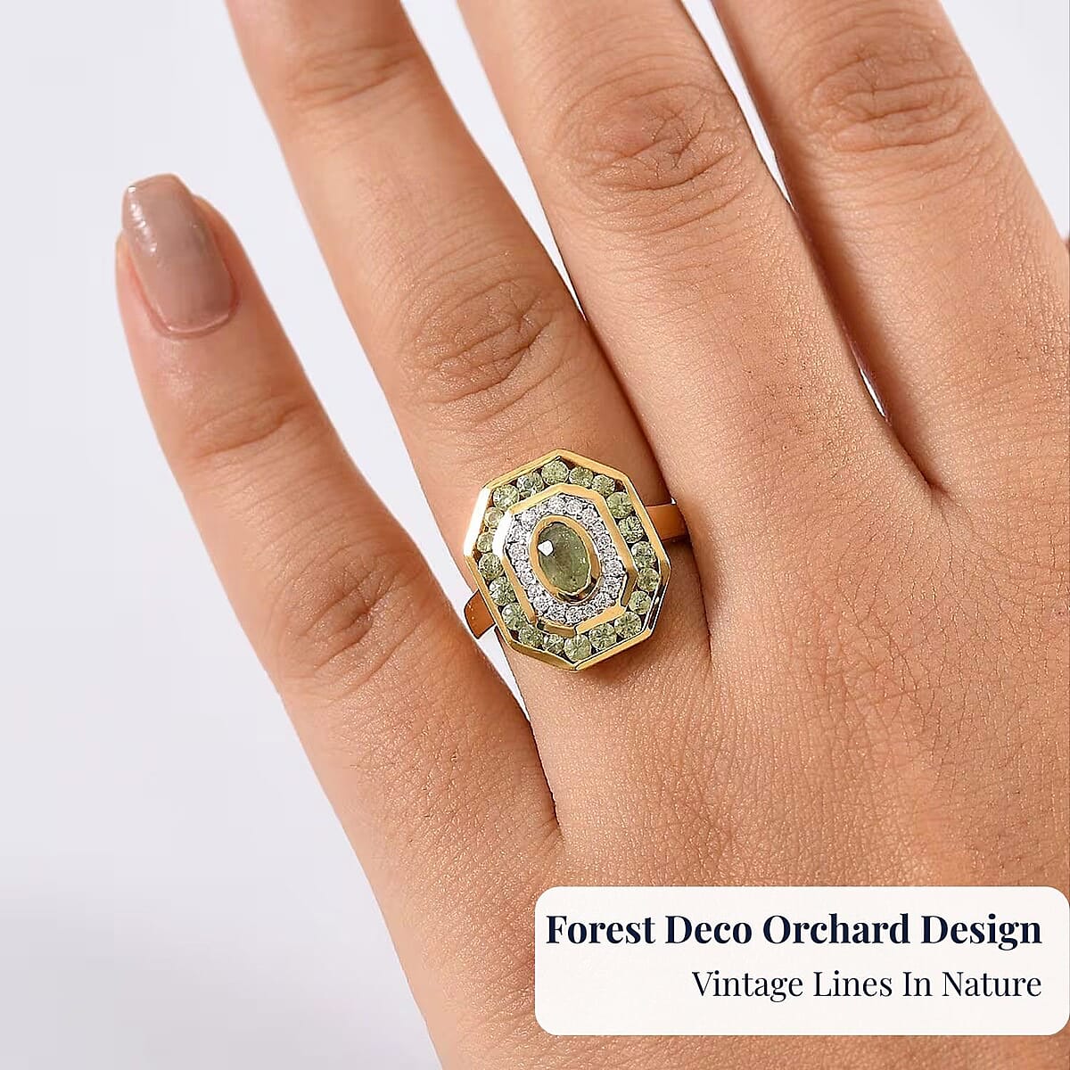 D'Joy Premium Ambanja Demantoid Garnet and Moissanite 1.85 ctw Forest Deco Ring in 18K Vermeil Yellow Gold Over Sterling Silver (Size 7.0) image number 1