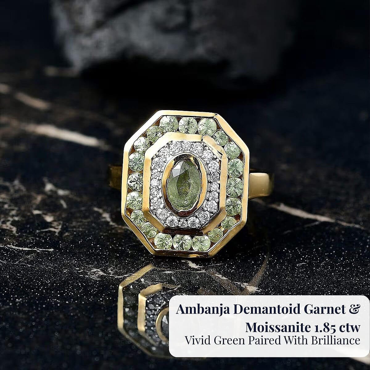 D'Joy Premium Ambanja Demantoid Garnet and Moissanite 1.85 ctw Forest Deco Ring in 18K Vermeil Yellow Gold Over Sterling Silver (Size 7.0) image number 5