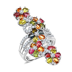 D'Joy Premium Multi-Tourmaline and White Zircon 4.90 ctw Ring in Rhodium Over Sterling Silver (Size 6.0)