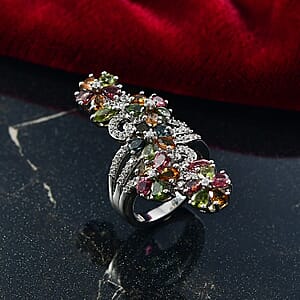 D'Joy Premium Multi-Tourmaline and White Zircon 4.90 ctw Blooming Flower Ring in Rhodium Over Sterling Silver (Size 6.0)