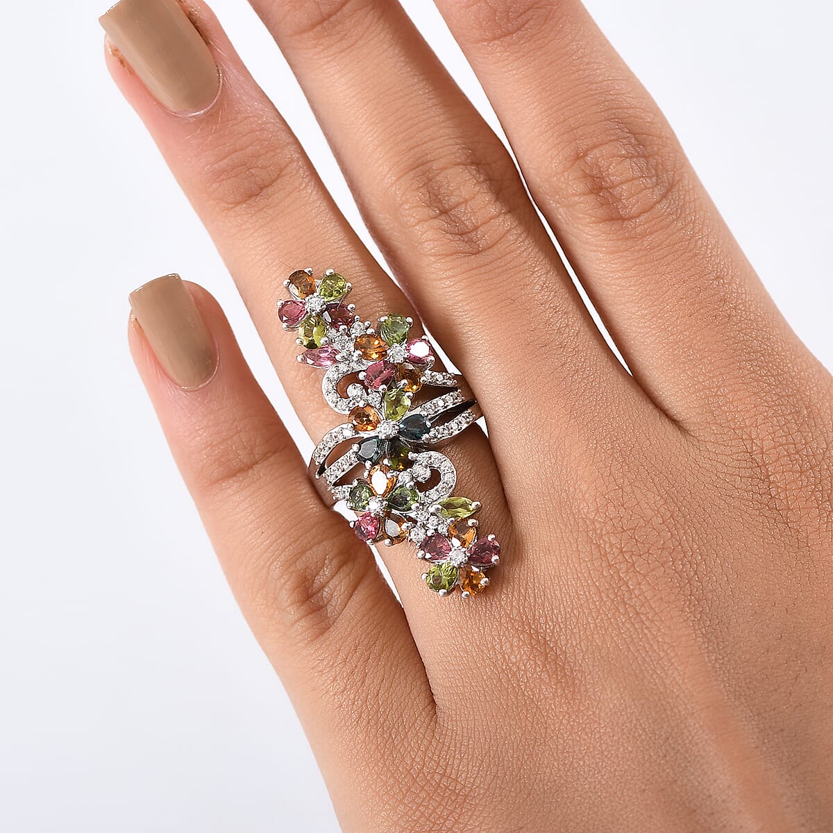 D'Joy Premium Multi-Tourmaline and White Zircon 4.90 ctw Ring in Rhodium Over Sterling Silver (Size 6.0) image number 2