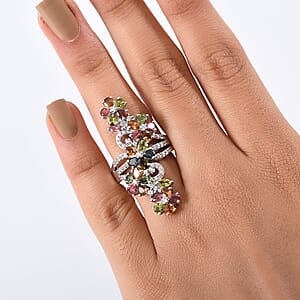 D'Joy Premium Multi-Tourmaline and White Zircon 4.90 ctw Blooming Flower Ring in Rhodium Over Sterling Silver (Size 6.0)