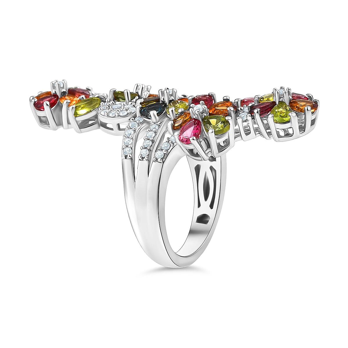 D'Joy Premium Multi-Tourmaline and White Zircon 4.90 ctw Blooming Flower Ring in Rhodium Over Sterling Silver (Size 7.0) image number 3