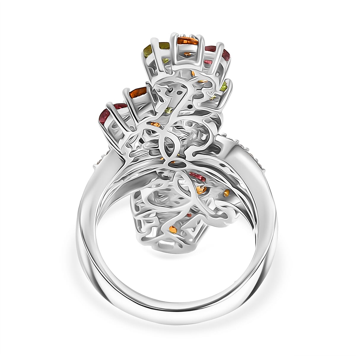 D'Joy Premium Multi-Tourmaline and White Zircon 4.90 ctw Blooming Flower Ring in Rhodium Over Sterling Silver (Size 7.0) image number 4