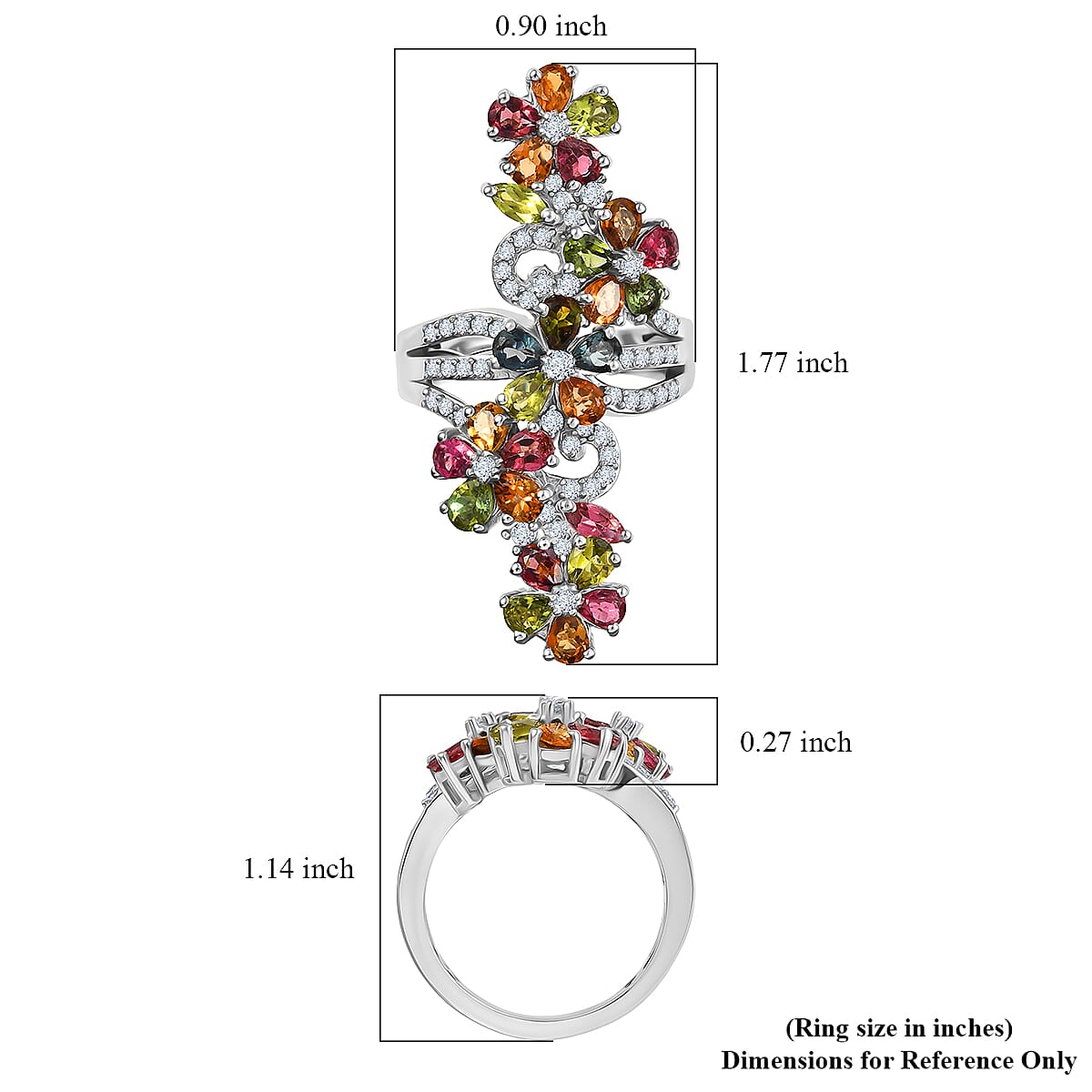D'Joy Premium Multi-Tourmaline and White Zircon 4.90 ctw Blooming Flower Ring in Rhodium Over Sterling Silver (Size 7.0) image number 5
