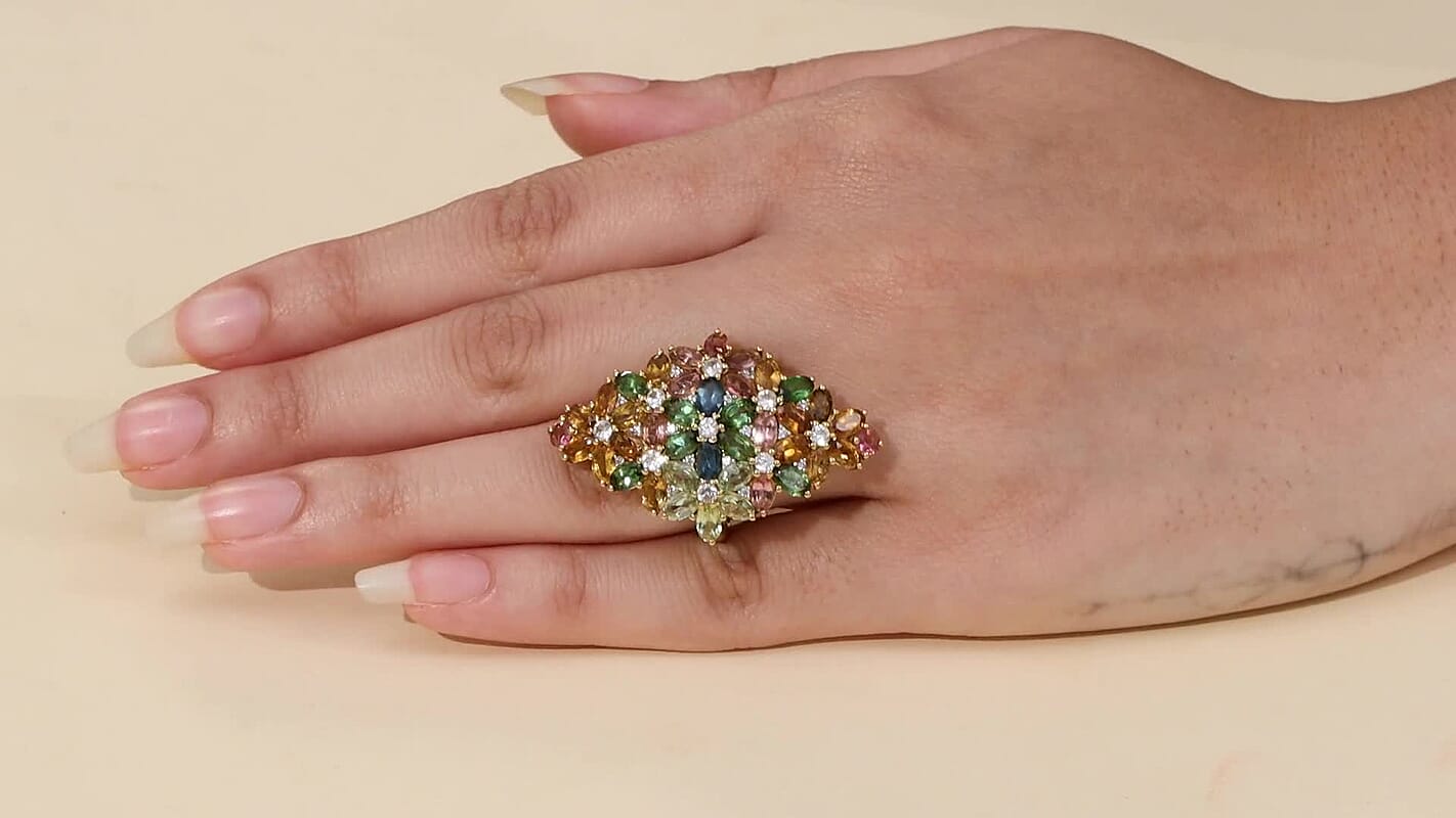 D'Joy Multi-Tourmaline and White Zircon 10.80 ctw Ring in 18K Vermeil Yellow Gold Over Sterling Silver