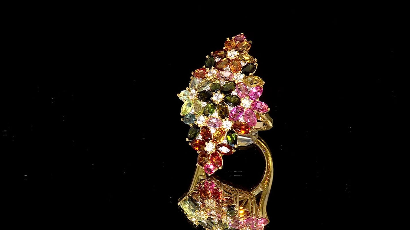 D'Joy Multi-Tourmaline and White Zircon 10.80 ctw Ring in 18K Vermeil Yellow Gold Over Sterling Silver