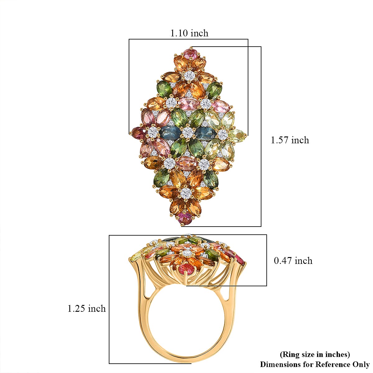 D'Joy Multi-Tourmaline and White Zircon 11.35 ctw Bunch of Flowers Ring in 18K Vermeil Yellow Gold Over Sterling Silver (Size 10.0)