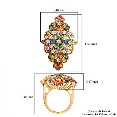 D'Joy Multi-Tourmaline and White Zircon 11.35 ctw Bunch of Flowers Ring in 18K Vermeil Yellow Gold Over Sterling Silver (Size 6.0)