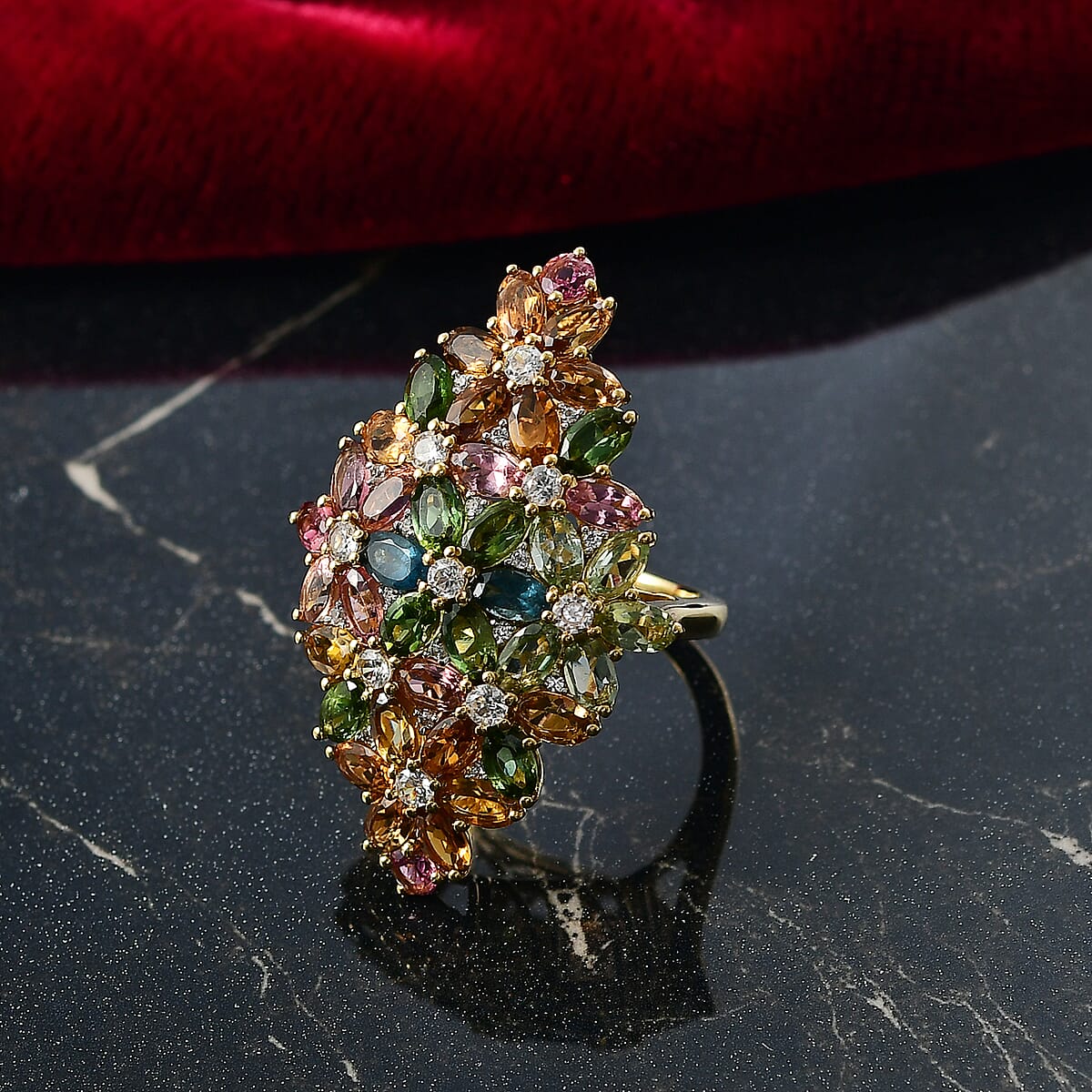 D'Joy Multi-Tourmaline and White Zircon 11.35 ctw Ring in 18K Vermeil Yellow Gold Over Sterling Silver (Size 7.0) image number 1
