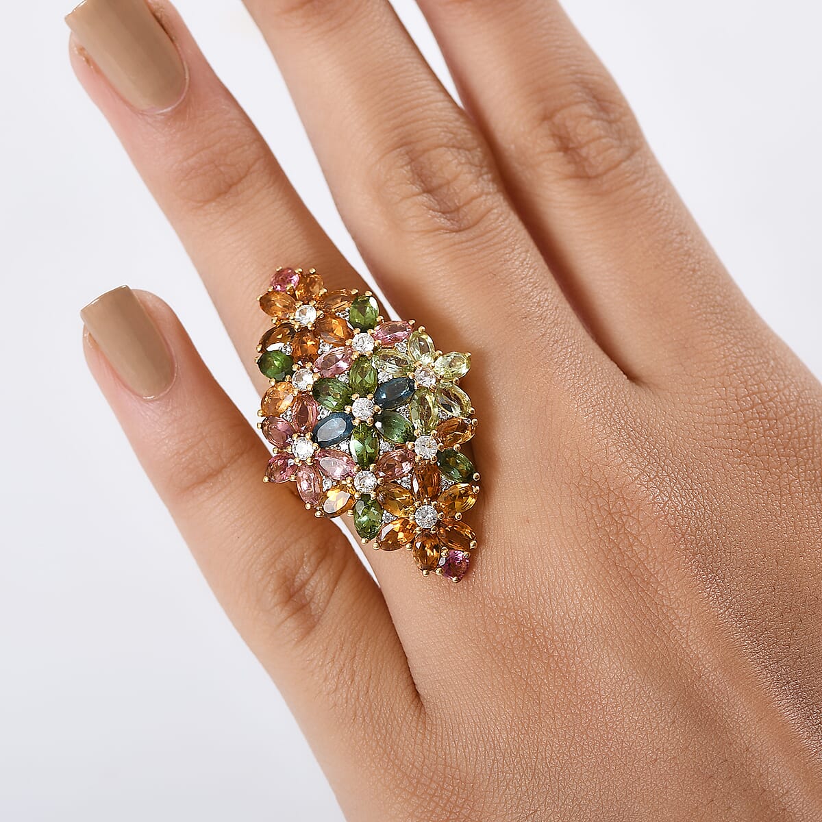 D'Joy Multi-Tourmaline and White Zircon 11.35 ctw Ring in 18K Vermeil Yellow Gold Over Sterling Silver (Size 7.0) image number 2