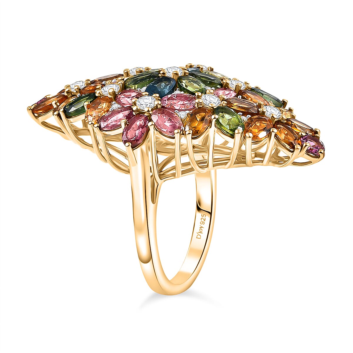 D'Joy Multi-Tourmaline and White Zircon 11.35 ctw Ring in 18K Vermeil Yellow Gold Over Sterling Silver (Size 7.0) image number 3