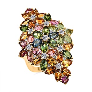 D'Joy Multi-Tourmaline and White Zircon 11.35 ctw Bunch of Flowers Ring in 18K Vermeil Yellow Gold Over Sterling Silver (Size 9.0)