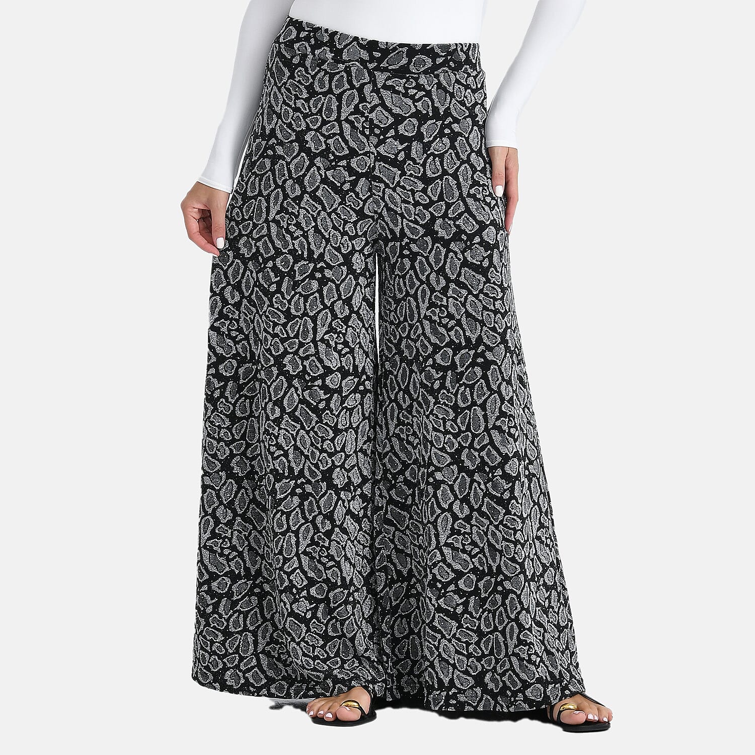 Tamsy Silver Printed Wide Leg Pant with Crystal Embellishment - One Size Fits Most